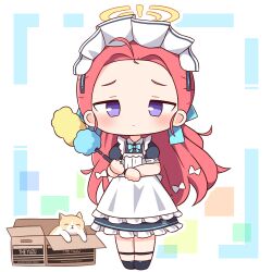 Rule 34 | 1girl, ahoge, animal, apron, black dress, black footwear, blue archive, blush, box, cardboard box, cat, closed mouth, dress, duster, forehead, frilled apron, frills, full body, halo, hana kazari, highres, holding, holding duster, long hair, looking at viewer, maid, maid apron, maid headdress, official alternate costume, purple eyes, red hair, shoes, short sleeves, solo, standing, white apron, yellow halo, yuzu (blue archive), yuzu (maid) (blue archive)