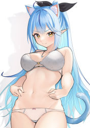 Rule 34 | 1girl, ahoge, alternate hairstyle, animal ears, arurire, black ribbon, blue hair, blush, bra, breasts, cat ears, cat tail, closed mouth, commentary, cowboy shot, embarrassed, glaring, groin, hair intakes, hair ribbon, heart, heart ahoge, highres, hololive, jewelry, kemonomimi mode, light blue hair, long hair, looking at viewer, medium breasts, multicolored hair, navel, necklace, panties, pinching, pointy ears, ponytail, pout, ribbon, shadow, simple background, solo, standing, stomach, streaked hair, tail, two-tone hair, underwear, underwear only, v-shaped eyebrows, virtual youtuber, white background, white bra, white panties, yellow eyes, yukihana lamy