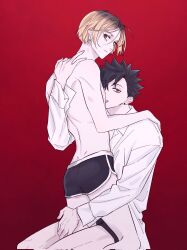 2boys arm_around_back arm_around_shoulder bare_shoulders bite_mark bite_mark_on_shoulder black_hair black_shorts blonde_hair collared_shirt commentary couple dimples_of_venus ear_piercing earrings haikyuu!! highres jewelry korean_commentary kozume_kenma kuroo_tetsurou licking licking_another&#039;s_chest long_sleeves looking_at_viewer male_focus male_underwear multiple_boys nipples piercing red_background red_eyes ribo_15 shirt short_shorts shorts simple_background sleeve_cuffs straddling tongue tongue_out topless_male underwear white_shirt yaoi