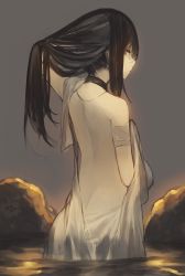Rule 34 | 1girl, arm up, back, backless outfit, black hair, brown eyes, closed mouth, dated, expressionless, from behind, hand in own hair, long hair, looking at viewer, looking back, nape, original, outdoors, profile, rayvon, robe, sidelocks, solo, wading