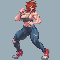 Rule 34 | 1girl, abs, blue eyes, breasts, cleavage, clenched hands, denim, fighting stance, jeans, large breasts, legs, midriff, muscular, muscular female, navel, omegachaino, original, pants, pixel art, red hair, shoes, short hair, sideboob, sneakers, solo, tank top, thick thighs, thighs, torn clothes, torn pants