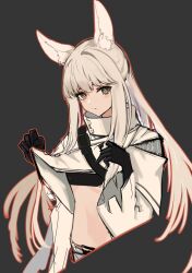 Rule 34 | 1girl, absurdres, animal ears, arknights, black background, black bra, black gloves, bra, clothes lift, gloves, highres, horse ears, horse girl, jacket, jacket lift, lifting own clothes, long hair, long sleeves, looking at viewer, midriff, okamoto aoi, platinum (arknights), shorts, simple background, solo, underwear, upper body, very long hair, white hair, white jacket, white shorts, yellow eyes