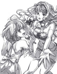 Rule 34 | 00s, 2girls, bare shoulders, blush, elbow gloves, from behind, fujikawa arika, gloves, greyscale, looking at viewer, looking back, macross, macross frontier, microphone, monochrome, multiple girls, music, ranka lee, sheryl nome, short hair, simple background, singing, standing, tareme, white background