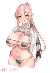 Rule 34 | 1girl, alternate breast size, areola slip, bikini, black bikini, black ribbon, breasts, cleavage, clothes lift, commentary request, cropped legs, eyepatch bikini, groin, hair flaps, hair ribbon, highres, kantai collection, large breasts, lifting own clothes, long hair, looking at viewer, navel, one-hour drawing challenge, open mouth, pink hair, ponytail, ribbon, smile, solo, sweat, sweater, sweater lift, swimsuit, tf cafe, twitter username, very long hair, white sweater, yellow eyes, yura (kancolle)