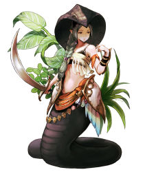 Rule 34 | 1girl, arm ribbon, armor, bare shoulders, beads, bikini armor, braid, braided ponytail, cobra (animal), faulds, full body, hair ornament, hair over shoulder, headdress, holding, holding sword, holding weapon, jewelry, lamia, leaf, light smile, long hair, looking away, looking to the side, monster girl, muraicchi (momocchi), navel, original, plant, pointy ears, ribbon, sash, scimitar, see-through, sidelocks, single braid, solo, sword, vambraces, weapon, white background