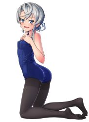 Rule 34 | 10s, 1girl, :d, barefoot, blonde hair, feet, green eyes, grey eyes, kantai collection, kneeling, nowaki (kancolle), one-piece swimsuit, open mouth, pantyhose, pantyhose under swimsuit, ponytail, school swimsuit, short hair, silver hair, simple background, smile, solo, stretching, swimsuit, tks (526tks), toes