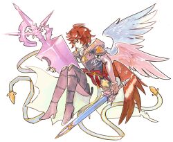 Rule 34 | 1boy, absurdres, ahoge, armor, artist name, belt, blue belt, blue wings, boots, breastplate, brown hair, brown wings, cape, commentary, energy sword, english commentary, fauxpapillon, feathered wings, fingerless gloves, floating, full body, gloves, granblue fantasy, hair between eyes, high heel boots, high heels, highres, holding, holding sword, holding weapon, hood, hood down, knees up, male focus, messy hair, multiple wings, painting (medium), red eyes, red wings, sandalphon (granblue fantasy), sitting, solo focus, sword, traditional media, watercolor (medium), weapon, white background, white cape, wings