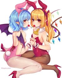 Rule 34 | 2girls, absurdres, animal ears, ascot, ass, bare arms, bare shoulders, bat wings, black legwear, black wings, blonde hair, bow, breasts, cherry, covered navel, crystal, detached collar, eyelashes, fake animal ears, fishnet pantyhose, fishnets, flandre scarlet, food, fruit, hair bow, high heels, highres, holding hands, interlocked fingers, leotard, long hair, looking at viewer, marota, mouth hold, multiple girls, nail polish, one side up, pantyhose, pink leotard, playboy bunny, pointy ears, profile, pumps, rabbit ears, rabbit tail, red bow, red eyes, red footwear, red leotard, red nails, remilia scarlet, shared food, shoes, siblings, simple background, sisters, sitting, small breasts, tail, touhou, twitter username, white background, wings, yellow ascot