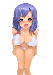 Rule 34 | 1girl, :d, bent over, bikini, blue hair, blush, breasts, cleavage, hair ornament, hairclip, kano (kanograph), large breasts, leaning forward, long hair, mm!, naughty face, navel, open mouth, purple eyes, purple hair, smile, solo, swimsuit, tan, yuuno arashiko