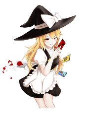 Rule 34 | 1girl, apron, arm behind back, black hat, black skirt, black vest, blonde hair, blood, blood splatter, bow, braid, chainsaw, chinese commentary, commentary request, cookie (touhou), cropped legs, feet out of frame, frilled apron, frills, grin, hat, highres, holding, holding knife, kirisame marisa, knife, long hair, looking at viewer, medium bangs, one eye closed, patch, puffy short sleeves, puffy sleeves, red bow, red eyes, reiji (zero), shirt, short sleeves, simple background, single braid, skirt, skirt set, smile, solo, star (symbol), suzu (cookie), touhou, unusually open eyes, vest, waist apron, white apron, white background, white shirt, witch hat