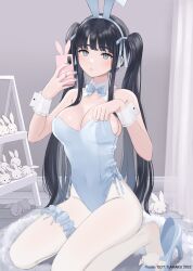 Rule 34 | 1girl, absurdres, animal ears, bare shoulders, black hair, blue eyes, blue footwear, blue leotard, bow, bowtie, breasts, bridal garter, cleavage, detached collar, fake animal ears, hairband, high heels, highleg, highleg leotard, highres, holding, holding phone, kneeling, large breasts, leotard, long hair, looking at viewer, mole, mole on breast, original, pantyhose, parted lips, phone, playboy bunny, rabbit ears, sidelocks, solo, strapless, strapless leotard, stuffed animal, stuffed rabbit, stuffed toy, sutochan, thighs, twintails, very long hair, white hairband, white pantyhose, wrist cuffs