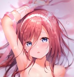 Rule 34 | 1girl, amedamacon, arm up, bed sheet, blue eyes, blurry, blurry background, blush, collarbone, commentary request, completely nude, depth of field, go-toubun no hanayome, hair between eyes, long hair, looking at viewer, lying, nakano miku, nude, on back, parted lips, petals, pink ribbon, red hair, ribbon, solo, tears, twitter username, upper body, wrist cuffs