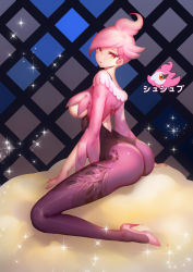 Rule 34 | 10s, 1girl, ass, black pantyhose, breasts, creatures (company), game freak, gen 6 pokemon, high heels, highres, large breasts, legs, long legs, nintendo, open mouth, orange eyes, pantyhose, personification, pink hair, pokemon, pokemon (creature), pokemon xy, ryushin, short hair, sitting, solo, spritzee, strap, thighs, underboob
