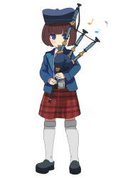 Rule 34 | 1girl, absurdres, bad id, bad pixiv id, bagpipes, belt, belt buckle, black belt, black footwear, blue eyes, blue hat, blue jacket, blunt bangs, blush, brown hair, buckle, closed mouth, collared shirt, crotchet, full body, hat, highres, holding, instrument, jacket, kilt, kneehighs, long sleeves, music, musical note, original, plaid, playing instrument, quaver, shirt, shoes, short hair, simple background, sleeves past wrists, smile, socks, solo, standing, surio, white background, white shirt, white socks
