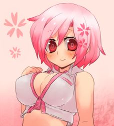 Rule 34 | 1girl, alternate color, alternate hair color, breasts, cherry blossoms, cleavage, cosplay, large breasts, meiko, meiko (vocaloid), pink eyes, pink hair, sakura meiko, smile, solo, vocaloid