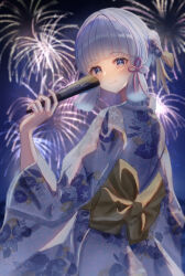 Rule 34 | 1girl, absurdres, alternate costume, alternate hairstyle, ayaka (genshin impact), back bow, blue eyes, blue hair, blue kimono, blunt bangs, blunt tresses, bow, closed mouth, fireworks, floral print, from behind, genshin impact, hand fan, highres, holding, holding fan, japanese clothes, kimono, long sleeves, looking at viewer, looking back, maaashuro, mole, mole under eye, sidelocks, smile, solo, wide sleeves, yukata