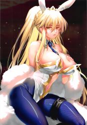 Rule 34 | 1girl, absurdres, ahoge, animal ears, artoria pendragon (all), artoria pendragon (fate), artoria pendragon (swimsuit ruler) (fate), bare shoulders, between breasts, blonde hair, blue necktie, blue pantyhose, braid, breasts, cleavage, clothing cutout, deep skin, detached collar, fake animal ears, fate/grand order, fate (series), feather boa, fishnet pantyhose, fishnets, french braid, green eyes, hair between eyes, hand on own chest, highleg, highleg leotard, highres, large breasts, leotard, long hair, looking at viewer, navel, navel cutout, necktie, necktie between breasts, obiwan, pantyhose, parted lips, playboy bunny, ponytail, rabbit ears, scan, sidelocks, simple background, solo, stomach, thigh strap, tiara, white leotard, wrist cuffs