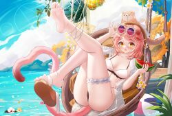 Rule 34 | absurdres, animal ears, arknights, ball, barefoot, beachball, bikini, blush, cat tail, eyewear on head, feet, food, food-themed hair ornament, foot up, fruit, goldenglow (arknights), goldenglow (summer flowers) (arknights), hair ornament, heart, heart tail, highres, jndfh, leg up, looking at viewer, ocean, open mouth, pink hair, sandals, shoe dangle, shoes, single sandal, single shoe, soles, swimsuit, tail, tail raised, thigh strap, toenails, toes, watermelon, watermelon hair ornament