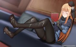 Rule 34 | 1girl, blonde hair, blue eyes, blush, couch, cum, cum on body, cum on feet, cum on lower body, closed eyes, fate/grand order, fate (series), feet, hat, long hair, lord el-melloi ii case files, no panties, pantyhose, pussy, reading, reines el-melloi archisorte, sitting, smile, soles, spread toes, toes