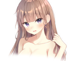 Rule 34 | 1girl, blush, breasts, brown hair, collarbone, commentary request, hand up, highres, long hair, looking at viewer, medium breasts, nude, open mouth, original, purple eyes, sashima, simple background, solo, upper body, wavy mouth, white background