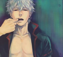 Rule 34 | 1boy, finger in own mouth, gintama, gradient background, male focus, open clothes, open mouth, sakata gintoki, solo, white hair