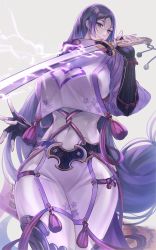 Rule 34 | 1girl, absurdres, armor, black gloves, bodysuit, breasts, covered navel, elbow gloves, electricity, fate/grand order, fate (series), fingerless gloves, gloves, highres, japanese armor, katana, kote, large breasts, long hair, looking at viewer, minamoto no raikou (fate), muneomon (takomon), parted bangs, pelvic curtain, purple bodysuit, purple eyes, purple hair, ribbed sleeves, rope, smile, solo, sword, tabard, tassel, very long hair, weapon