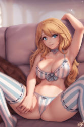 Rule 34 | 1girl, arm up, armpits, blonde hair, blue eyes, bra, breasts, cleavage, collar, commentary, english commentary, highres, large breasts, long hair, looking at viewer, navel, original, paid reward available, panties, parted lips, personal ami, sitting, smile, solo, spread legs, striped bra, striped clothes, striped panties, striped thighhighs, thighhighs, underwear, vertical-striped clothes, vertical-striped thighhighs