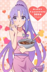 Rule 34 | 1girl, apron, bare shoulders, blush, breasts, medea (fate), medea (lily) (fate), fate/grand order, fate/stay night, fate (series), frills, hair ornament, heart, long hair, naked apron, pointy ears, ponytail, purple eyes, purple hair, ribbon, tongue, tongue out, very long hair