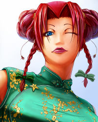 Rule 34 | 1girl, 7/11 (fukuso), blue eyes, braid, breasts, chinese clothes, double bun, female focus, hong meiling, large breasts, lipstick, makeup, one eye closed, red lips, solo, star (symbol), touhou, twin braids, wink