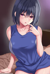 Rule 34 | 1girl, bare arms, bare shoulders, black hair, blush, breasts, collarbone, commentary request, hand up, huyumitsu, large breasts, looking at viewer, original, parted lips, purple eyes, short hair, sitting, sleeveless, solo