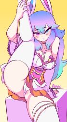 Rule 34 | 1girl, animal ears, artist name, bare shoulders, blue eyes, blue hair, breasts, choker, commentary, cottontail (vtuber), detached sleeves, diives, english commentary, gradient background, gradient hair, hair between eyes, hand on own leg, heterochromia, highres, indie virtual youtuber, leg up, long hair, looking at viewer, medium breasts, multicolored hair, panties, purple eyes, purple hair, rabbit ears, simple background, sitting, solo, thighhighs, underwear, virtual youtuber, white panties, white thighhighs, yellow background