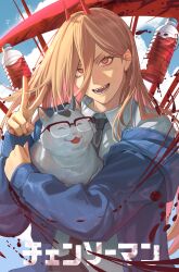 Rule 34 | 1girl, absurdres, animal, animal ears, animal nose, black necktie, blonde hair, blood, blue jacket, blue sky, bonethide14663, bottle, brown eyes, cat, cat ears, chainsaw man, closed eyes, cloud, cloudy sky, collared shirt, commentary, copyright name, day, demon girl, demon horns, fingernails, glasses, grey fur, hair between eyes, hands up, highres, hood, hooded jacket, horns, hug, jacket, long fingernails, long hair, long sleeves, looking up, meowy (chainsaw man), nail polish, necktie, open clothes, open jacket, open mouth, outdoors, pet, pink nails, power (chainsaw man), puffy long sleeves, puffy sleeves, sharp teeth, shirt, sky, smile, teeth, tongue, two-tone fur, v, v-shaped eyebrows, white fur, white shirt