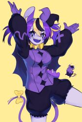 Rule 34 | !?, 1girl, :d, animal ears, blue eyes, bow, breasts, clown, cosplay, deltarune, grin, hakos baelz, hands up, hat, highres, hololive, hololive english, jester cap, jevil, jevil (cosplay), large breasts, long sleeves, looking at viewer, mouse (animal), mouse ears, multicolored hair, open mouth, puffy long sleeves, puffy shorts, puffy sleeves, purple hair, purple theme, purple vest, sharp teeth, shorts, simple background, smile, solo, standing, streaked hair, stuffed animal, stuffed mouse, stuffed toy, tail, tail bow, tail ornament, teeth, twintails, vest, virtual youtuber, yellow background, yellow bow, yoako