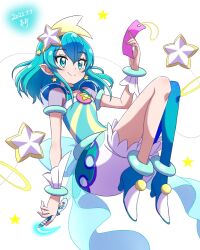Rule 34 | 1girl, ankle boots, aqua dress, aqua eyes, aqua footwear, aqua hair, aqua pantyhose, artist name, boots, closed mouth, cure milky, dated, dress, earrings, floating, frilled cuffs, hagoromo lala, hair ornament, hairband, high heels, highres, holding, holding pen, jewelry, knees up, looking to the side, medium hair, pantyhose, pen, pointy ears, precure, see-through, short dress, short sleeves, signature, single leg pantyhose, smile, solo, star (symbol), star earrings, star hair ornament, star twinkle precure, yellow hairband, zerolay