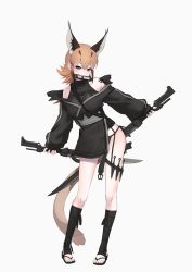Rule 34 | 1girl, absurdres, alternate costume, animal ear fluff, animal ears, ankle wrap, bare shoulders, blue eyes, breasts, caracal (kemono friends), deku suke, dual wielding, extra ears, fingerless gloves, full body, gloves, hair between eyes, highres, holding, kemono friends, kunai, long hair, long sleeves, looking at viewer, looking to the side, medium breasts, mouth hold, orange hair, pigeon-toed, puffy long sleeves, puffy sleeves, sandals, simple background, solo, standing, sword, tail, thigh strap, toeless legwear, weapon, white background