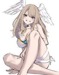 Rule 34 | 1girl, bikini, blue eyes, blush, breast tattoo, breasts, choker, cleavage, collar, eunie (xenoblade), hakusai (hksicabb), head wings, highres, indian style, large breasts, light brown hair, looking at viewer, medium hair, multicolored bikini, multicolored clothes, naughty face, simple background, sitting, solo, swimsuit, tattoo, white background, white wings, wings, xenoblade chronicles (series), xenoblade chronicles 3