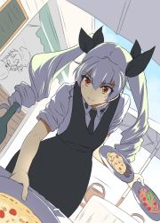 Rule 34 | 10s, 1girl, alternate costume, anchovy (girls und panzer), apron, blush, brown eyes, dress shirt, drill hair, food, girls und panzer, green hair, hair ribbon, holding, long hair, makishima azusa, necktie, pepperoni (girls und panzer), pizza, plate, ribbon, school uniform, shirt, sleeves rolled up, smile, standing, table, twin drills, twintails, waitress, white shirt