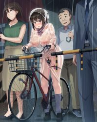 Rule 34 | 2boys, 2girls, bar censor, bicycle, black footwear, blush, breasts, brown eyes, brown hair, censored, closed mouth, egg vibrator, exhibitionism, female pubic hair, full body, grey legwear, highres, house, large breasts, loafers, multiple boys, multiple girls, nipples, original, outdoors, pubic hair, public indecency, pussy juice, rain, raincoat, riding, riding bicycle, road, see-through, sex toy, shoes, smile, street, sweatdrop, udonko072, vibrator, vibrator under clothes