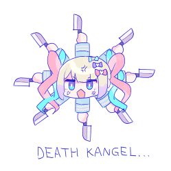 Rule 34 | 1girl, anger vein, blonde hair, blue bow, blue eyes, blue hair, bow, bright pupils, character name, chibi, chouzetsusaikawa tenshi-chan, commentary request, death momoi (meme), english text, extra arms, hair bow, heart, highres, holding, holding knife, kitchen knife, knife, long hair, long sleeves, looking at viewer, meme, multicolored hair, needy girl overdose, open mouth, pink bow, pink hair, portrait, purple bow, purple hair, quad tails, simple background, solo, sushiuma m, white background, white pupils