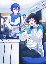 Rule 34 | 2boys, absurdres, air conditioner, black hair, blue eyes, blue hair, blue scarf, chair, clock, computer, crossed legs, curtains, drink, food, gaming chair, guitar, hair between eyes, headphones, headphones around neck, highres, holding, holding food, holding guitar, holding ice cream, holding instrument, hood, hoodie, ice cream, instrument, interior, itogari, kaito (vocaloid), kaito (vocaloid3), looking at another, male focus, master (vocaloid), multiple boys, music, nail polish, one eye closed, open mouth, pants, playing instrument, poster (object), scarf, shirt, short hair, sitting, smile, standing, swivel chair, vocaloid, wall clock, white shirt, window, wire