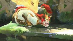 absurdres commentary dragon english_commentary fiery_wings full_body funsizedipstick green_eyes heavenscale_smolder_(league_of_legends) highres league_of_legends no_humans outdoors smolder_(league_of_legends) squatting wings