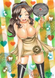 Rule 34 | 10s, 1girl, apron, artist name, black thighhighs, blue eyes, blush, breasts, brown hair, cleavage, creatures (company), frying pan, game freak, large breasts, long hair, looking at viewer, marker (medium), mature female, mother (pokemon), musical note, naked apron, nintendo, no panties, one eye closed, open mouth, pokemon, pokemon bw, smile, solo, takecha, thighhighs, traditional media, unova mother (bw)