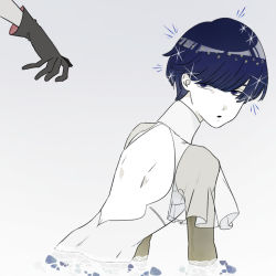 Rule 34 | 1other, androgynous, antarcticite, back cutout, blue eyes, blue hair, blunt bangs, clothing cutout, crystal hair, gloves, golden arms, hikurage (hikurage10), houseki no kuni, out of frame, outstretched hand, partially submerged, phosphophyllite, phosphophyllite (ll), see-through, short hair, sparkle, spoilers, upper body, water