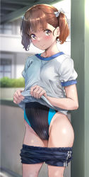 Rule 34 | 1girl, black shorts, black one-piece swimsuit, blurry, blurry background, breasts, brown eyes, brown hair, character request, check copyright, clothes lift, clothes pull, competition swimsuit, copyright request, depth of field, highleg, highleg swimsuit, highres, lifting own clothes, looking at viewer, nagayori, one-piece swimsuit, original, outdoors, shirt, shirt lift, short sleeves, short twintails, shorts, shorts pull, small breasts, smile, solo, standing, swimsuit, swimsuit under clothes, twintails, white shirt