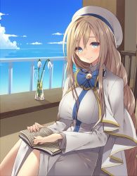 Rule 34 | 00s, 1girl, alicia florence, aria (manga), balcony, beret, blonde hair, blue bow, blue eyes, blue sky, blush, book, bow, bowtie, breasts, capelet, cloud, covered erect nipples, day, flower, glass, hat, high collar, highres, large breasts, long hair, looking at viewer, ocean, open book, sidelocks, sitting, sky, smile, snowdrop (flower), solo, uniform, usamata, vase, very long hair, white hat