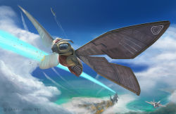 Rule 34 | 2017, aircraft, airplane, antennae, battle, cloud, commentary, damaged, dated, deviantartnobackstreetboys, energy, energy beam, fighter jet, fire, flying, godzilla, godzilla (series), highres, island, jaws, jet, kaijuu, mecha, mechanization, military, military vehicle, monster, mothra, no humans, ocean, plasma, realistic, robot, science fiction, shore, signature, smoke, spikes, tail, water, when you see it