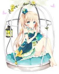 Rule 34 | 1girl, absurdres, bad id, bad pixiv id, bare shoulders, barefoot, birdcage, blue bow, blue dress, blue eyes, blush, bow, cage, closed mouth, collar, collarbone, commentary, crown, detached collar, dress, english commentary, flower, frilled dress, frills, full body, green collar, green theme, heart, highres, knees up, lantern, light brown hair, long hair, looking at viewer, mini crown, original, rose, sitting, sleeveless, sleeveless dress, solo, tilted headwear, tsukiyo (skymint), twintails, very long hair, white background, yellow flower, yellow rose
