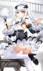 Rule 34 | 1girl, alternate costume, ass, bare shoulders, black dress, black footwear, blush, bow, bowtie, breasts, brown eyes, casul, chair, detached sleeves, dress, duster, enmaided, melusine (fate), fate/grand order, fate (series), feather duster, flower, forked eyebrows, frills, hair flower, hair ornament, high heels, highres, long hair, looking at viewer, looking back, maid, maid headdress, panties, rose, sidelocks, small breasts, solo, thighhighs, thighs, underbust, underwear, white hair, white panties, white thighhighs