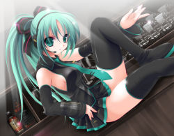 Rule 34 | 1girl, bad id, bad pixiv id, black skirt, boots, bow, breasts, detached sleeves, female focus, green eyes, green hair, hair bow, hatsune miku, headset, long hair, matching hair/eyes, microskirt, nagato tamakichi, necktie, pleated skirt, ponytail, sitting, skirt, solo, striped clothes, striped skirt, thigh boots, thighhighs, vocaloid