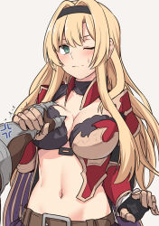 Rule 34 | 1girl, belt, black gloves, black hairband, blush, grabbing another&#039;s breast, breasts, brown belt, cleavage, commentary request, fingerless gloves, gloves, grabbing, granblue fantasy, green eyes, guided breast grab, guiding hand, hair between eyes, hairband, large breasts, navel, one eye closed, shiseki hirame, simple background, solo focus, white background, zeta (granblue fantasy)